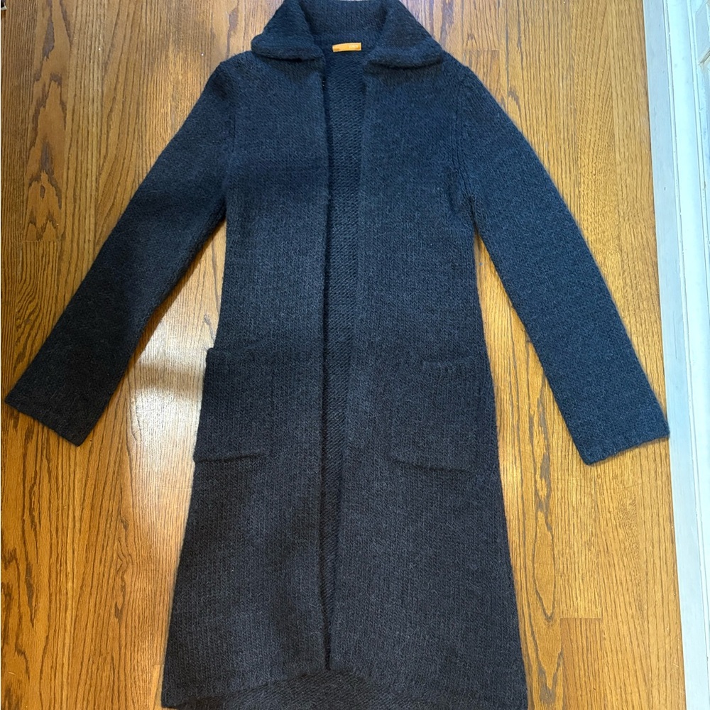 VINTAGEJ.Crew Women's DrkGrayAlpaca blend knit long cardigan/eye hook closure.